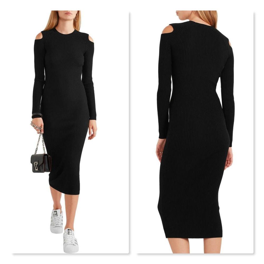 Theory Jemlora Evian Stretch Wool‎ Ribbed Cold Shoulder Midi Dress Black Size M